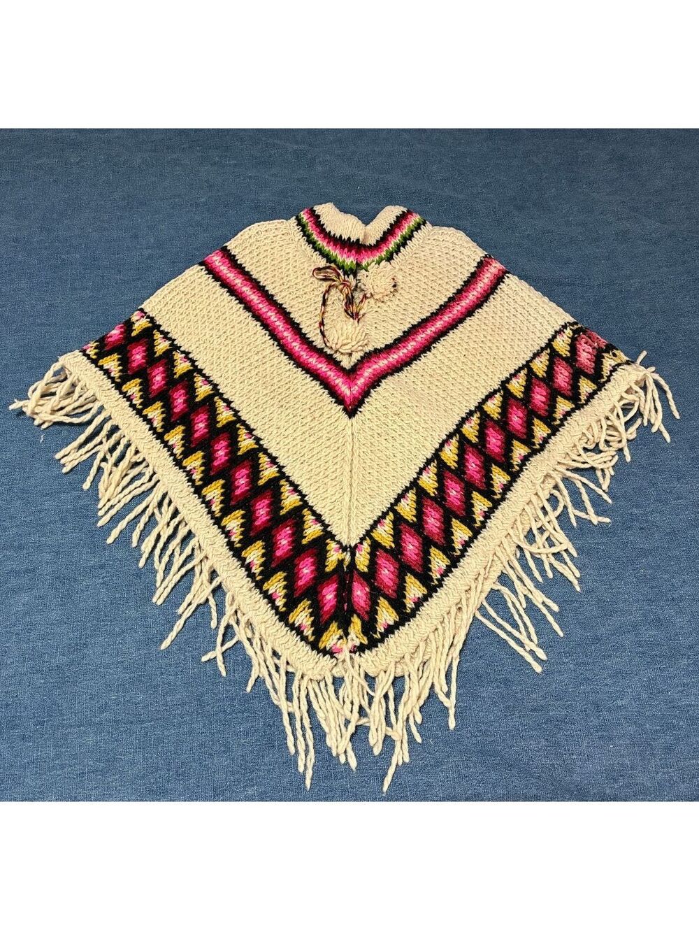 Vintage 70's handmade fringe poncho pink brown yellow cream pompoms